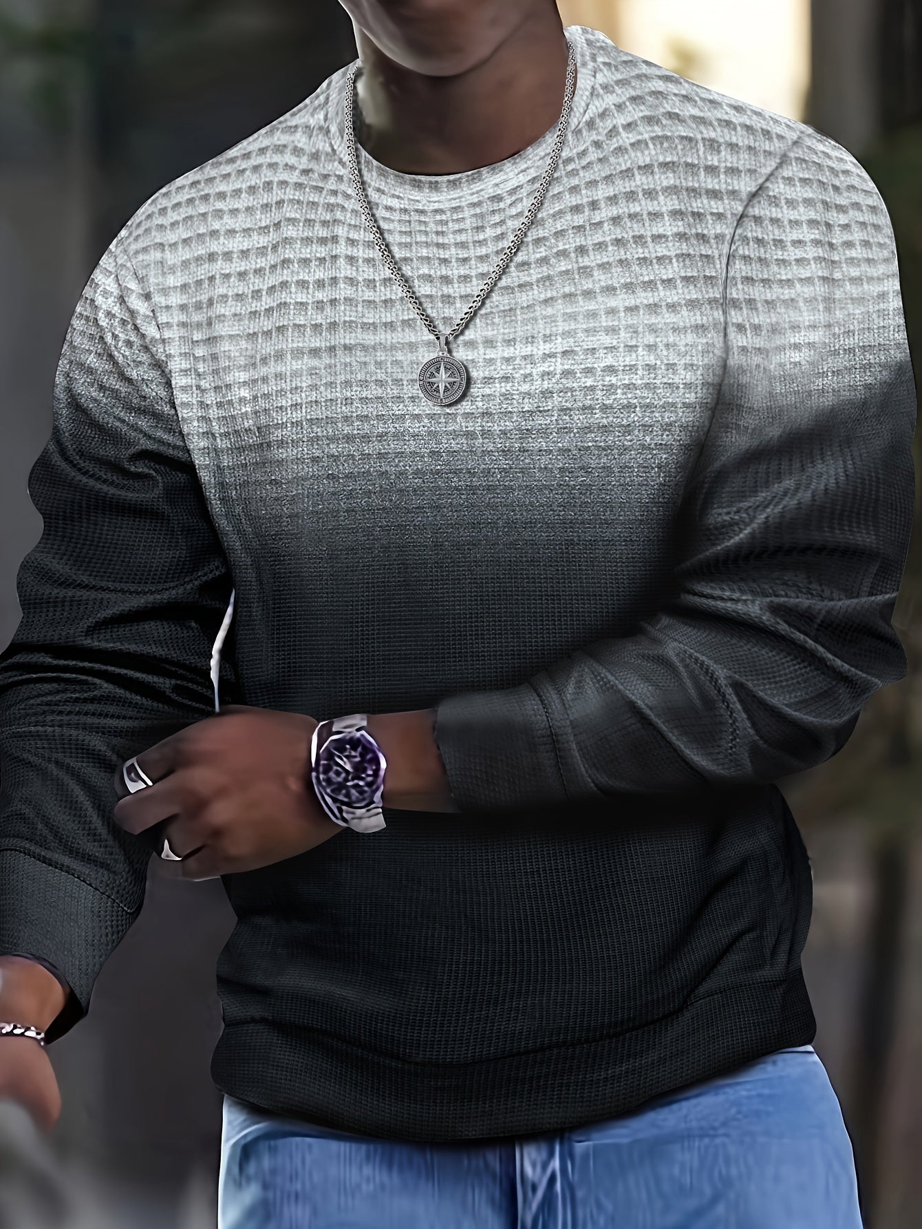 Men's Lightweight Gradient Crew Neck Sweatshirt - Casual Polyester Pullover with Printed Design, Machine Washable