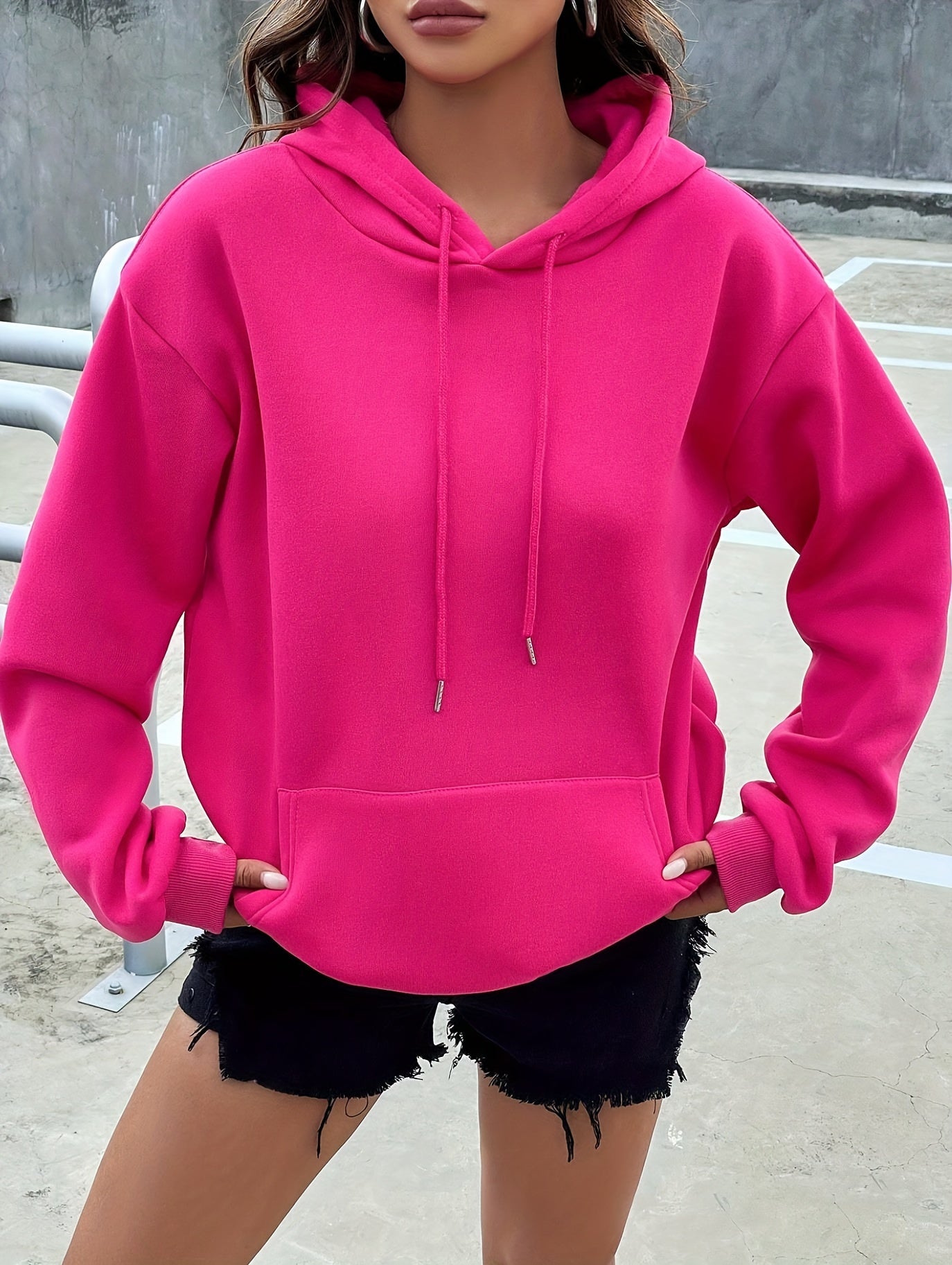 Solid Color Kangaroo Pocket Hoodie, Casual Drop Shoulder Long Sleeve Drawstring Hoodies Sweatshirt, Women's Clothing