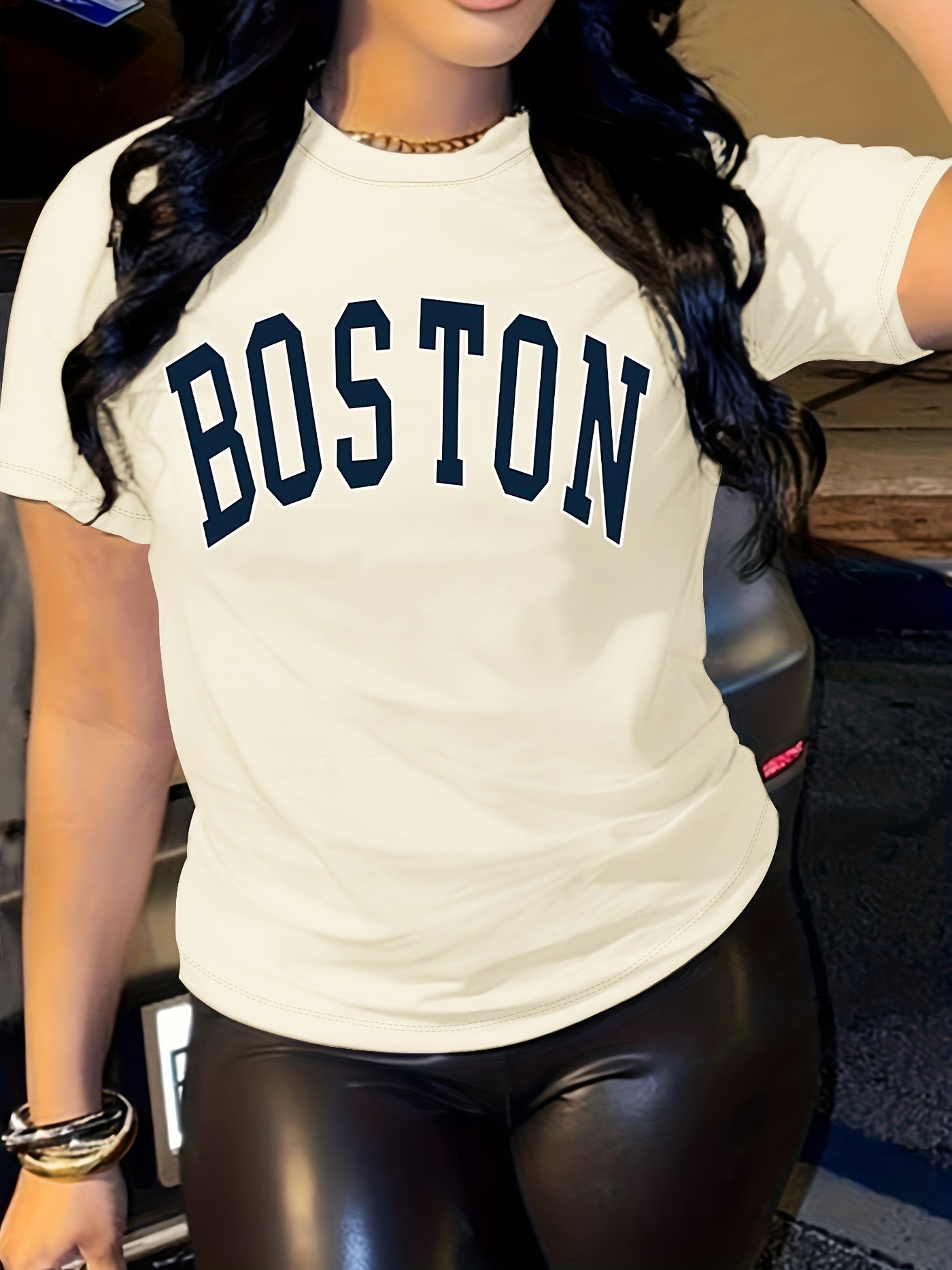 Letter Print T-shirt, Short Sleeve Crew Neck Casual Top For Summer & Spring, Women's Clothing