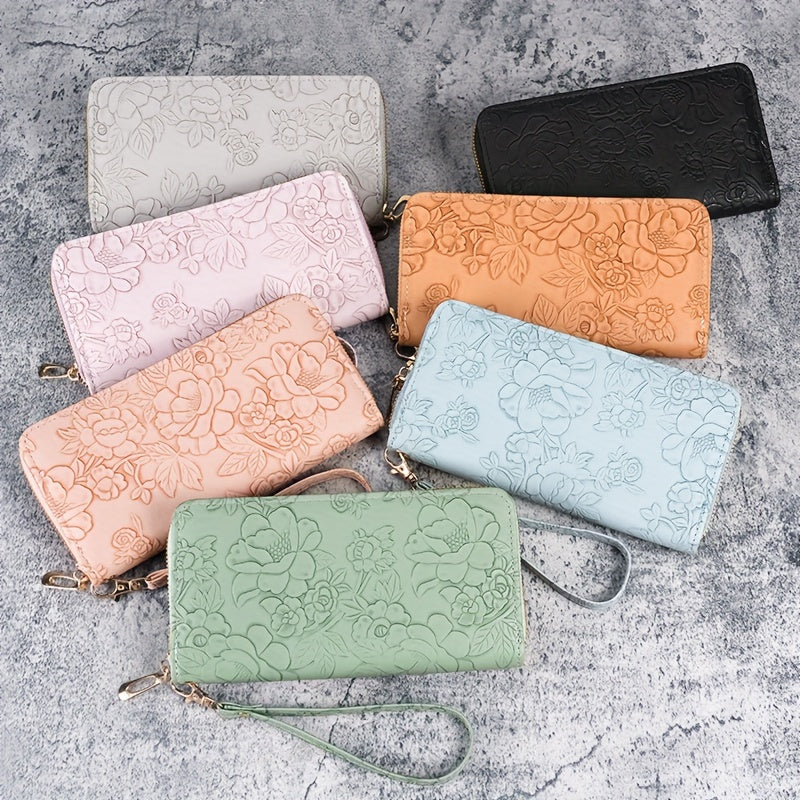 Floral Embossed Faux Leather Wallet For Women, Large Capacity Zippered Clutch With Card Slots And Phone Pocket, Wrist Strap Clutch Coin Purse