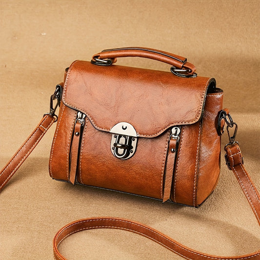 Vintage Turn-Lock Square Satchel Bag, Solid Color Shoulder Bag, Women's Classic Crossbody Bag