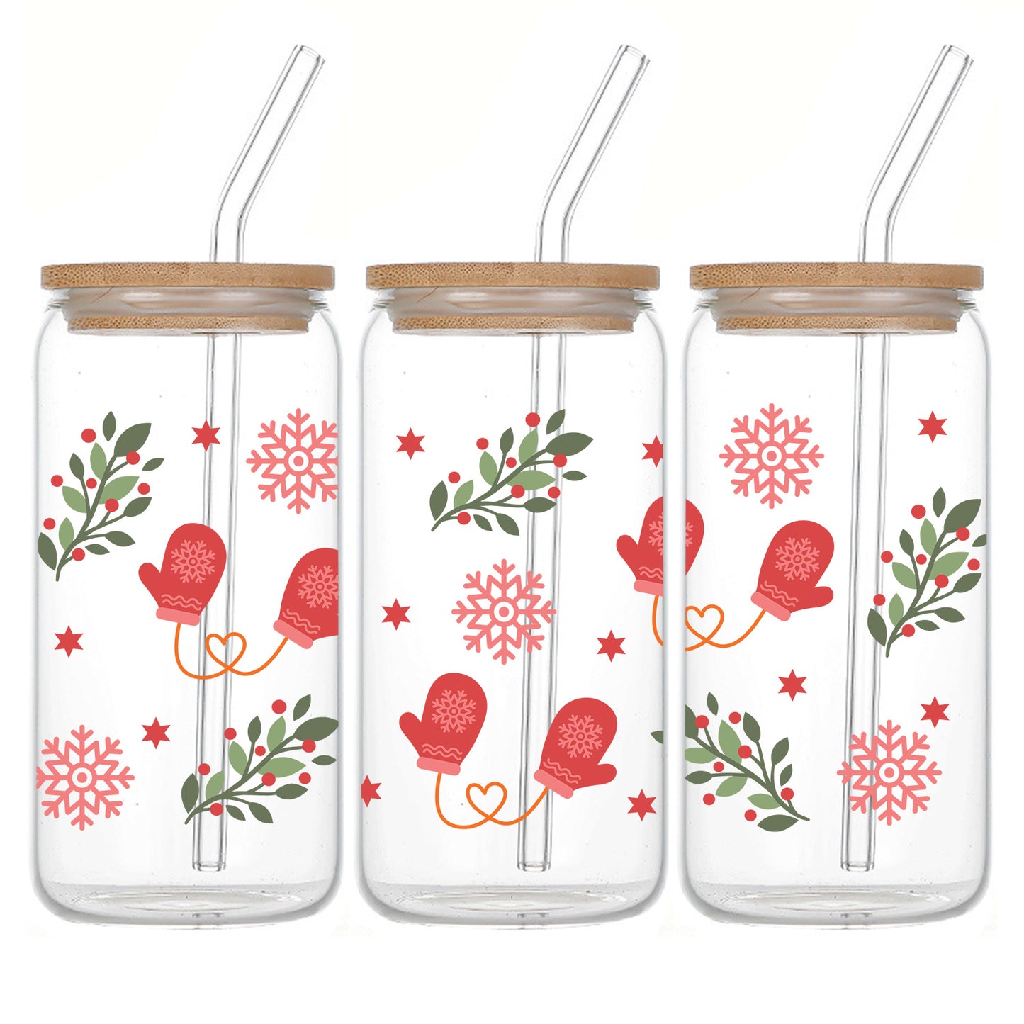 Christmas-Themed 16oz Glass Tumbler with Lid & Straw - Festive Snowflake, Glove & Tree Design - Perfect for Holiday Drinks, Coffee, Beer - Ideal Party Favor or Gift