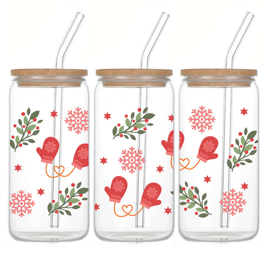 Christmas-Themed 16oz Glass Tumbler with Lid & Straw - Festive Snowflake, Glove & Tree Design - Perfect for Holiday Drinks, Coffee, Beer - Ideal Party Favor or Gift