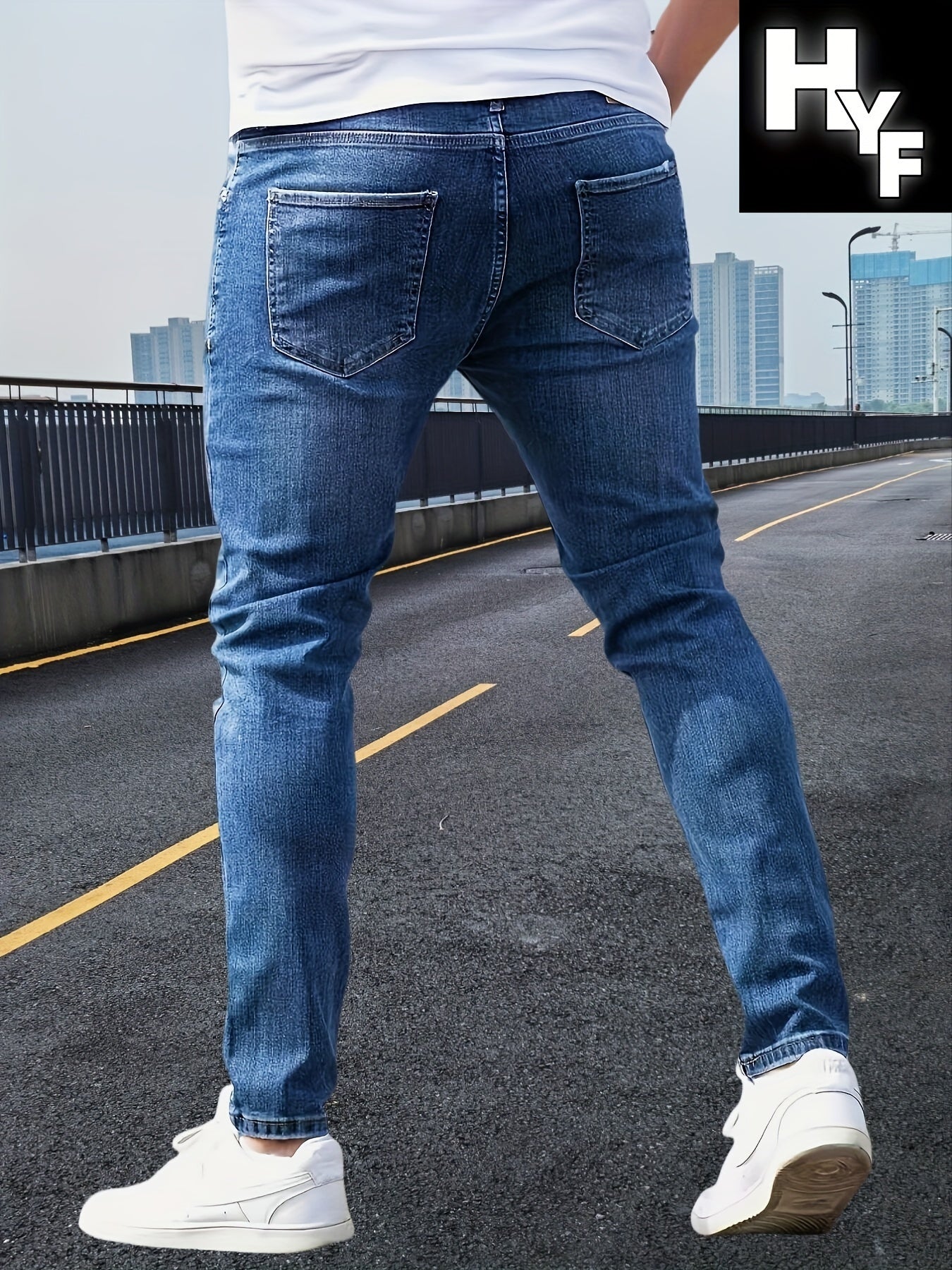 Men's Slim-Fit Stretch Jeans with Pockets - Street Style, Ripped Denim, Mid-Rise, Machine Washable
