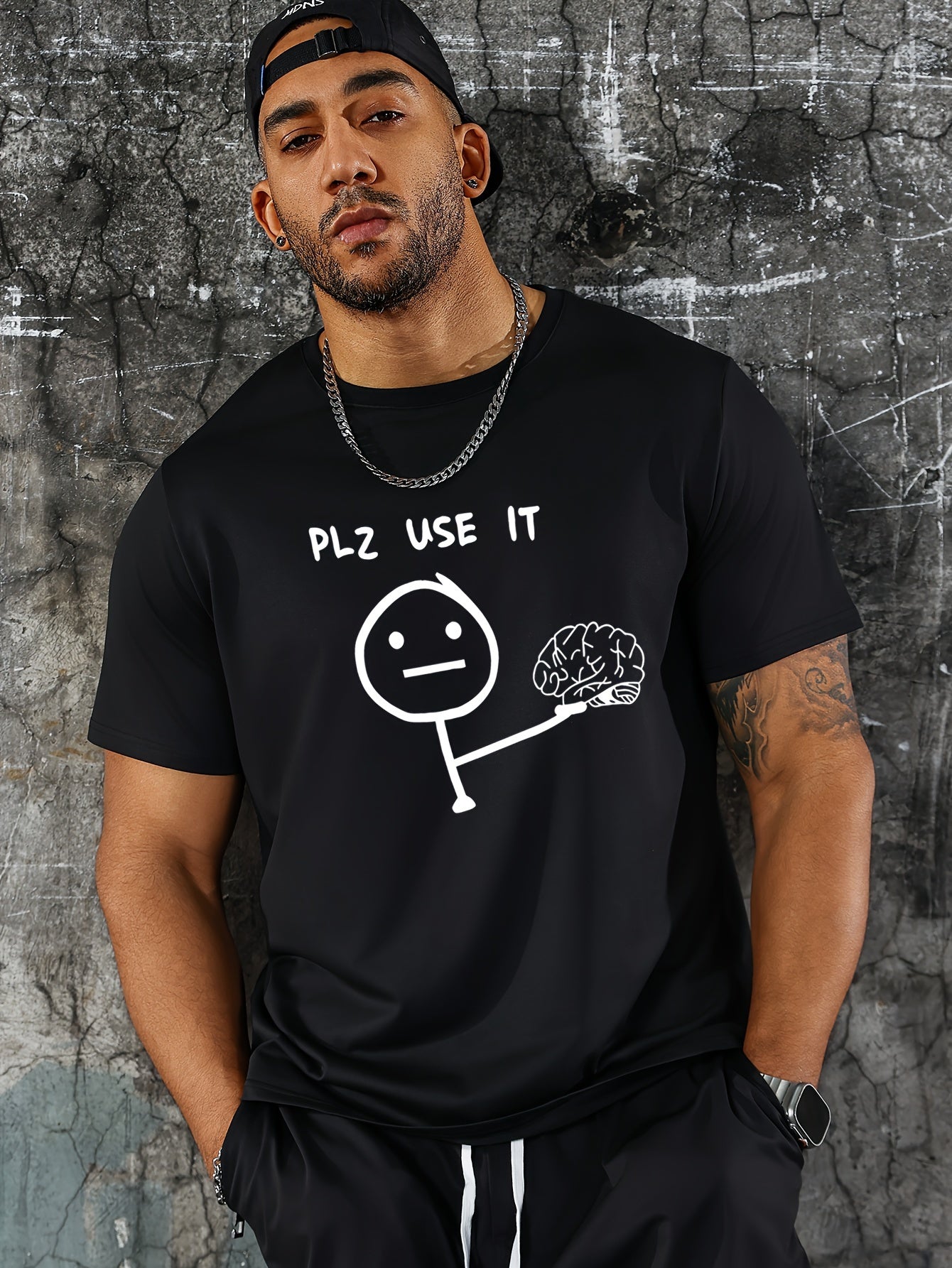 " Plz Use It "Trendy Print Casual Short-Sleeved T-Shirt For Men, Spring And Summer Top, Comfortable Round Neck Tee, Regular Fit, Versatile Fashion For Everyday Wear