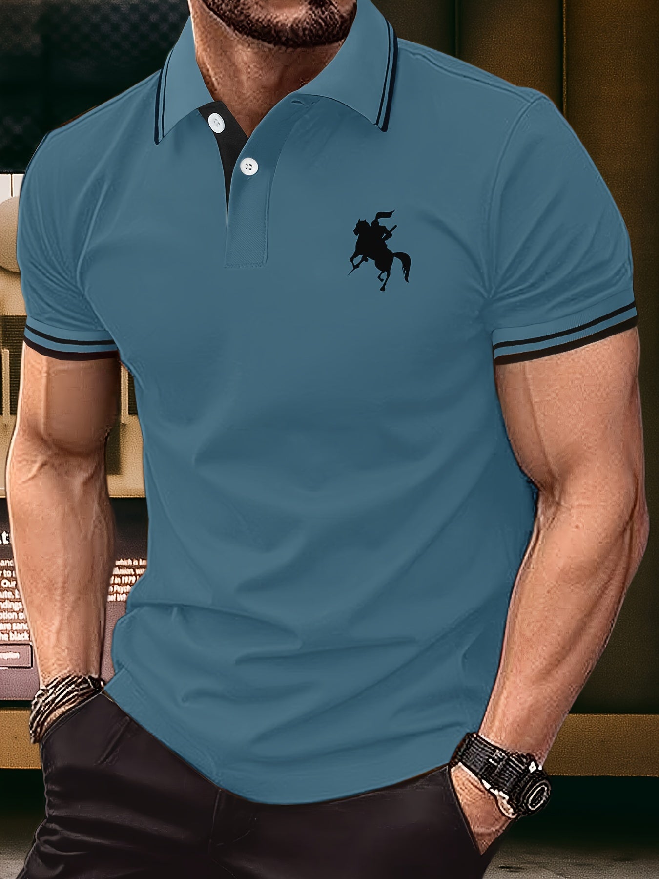 Men's Summer Fashion, Horse Riding Knight Pattern Short Sleeve Lapel Collar Henley Shirt, Chic And Trendy Golf Tops For Business And Outdoors Sports Wear