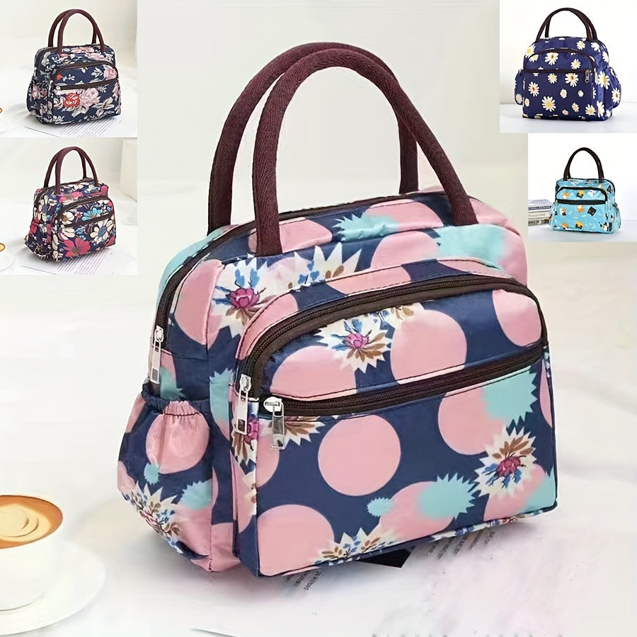 Fashion Floral Oxford Fabric Top-Handle Bag with Multi-Layer Zipper, Waterproof Lunch Bag, Lightweight with Fixed Shoulder Straps and Clutch, Polyester Lined - Guangzhou Large Capacity Portable Bento Bag