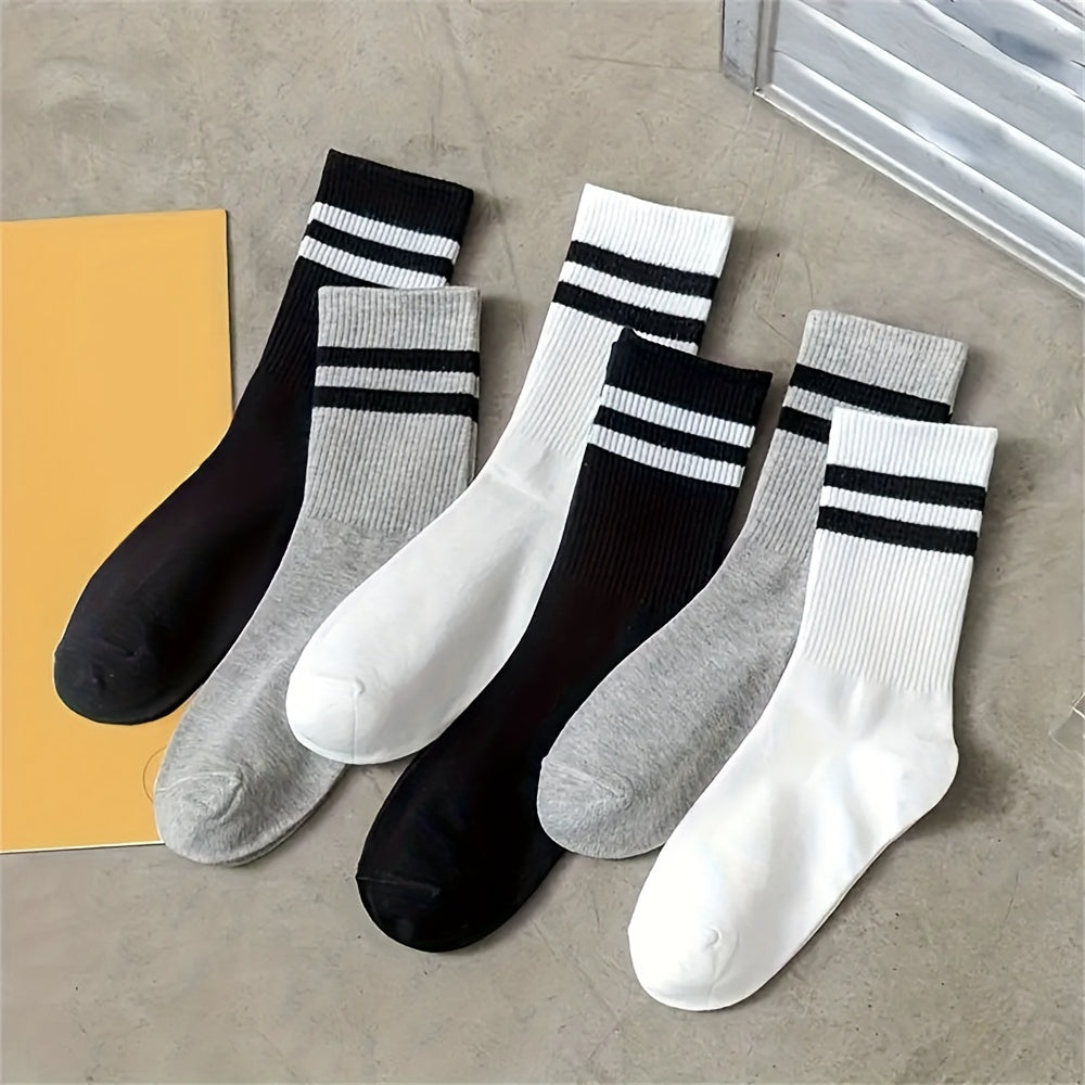 3 Pairs Breathable Striped Mid-Tube Athletic Crew Socks, 17cm Foot Length, Soft Sweat-Absorbent Casual Socks For Sports & Daily Wear