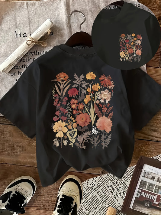 Vintage-Inspired Floral Print T-Shirt for Women - Casual Crew Neck, Short Sleeve Top, Breathable Polyester, Machine Washable