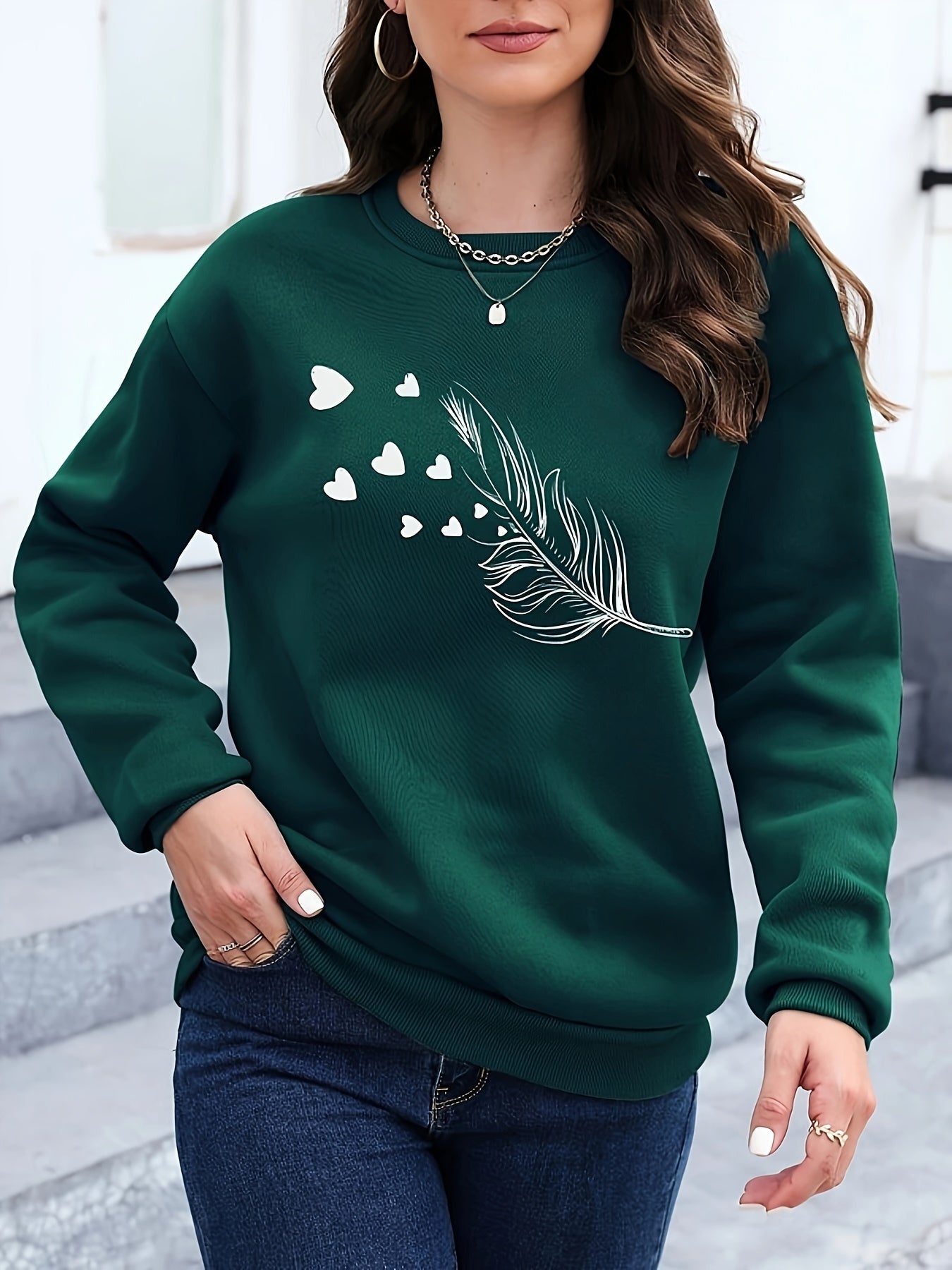 Feather Print Pullover Sweatshirt, Casual Long Sleeve Crew Neck Sweatshirt For Fall & Winter, Women's Clothing