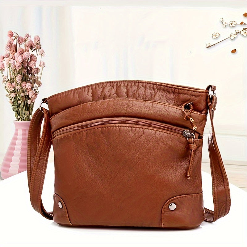 Chic Women's Vintage-Inspired Faux Leather Crossbody Bag with Adjustable Strap, Multi-Compartment Design - Lightweight, Zip Closure - Available in Light Brown/Black