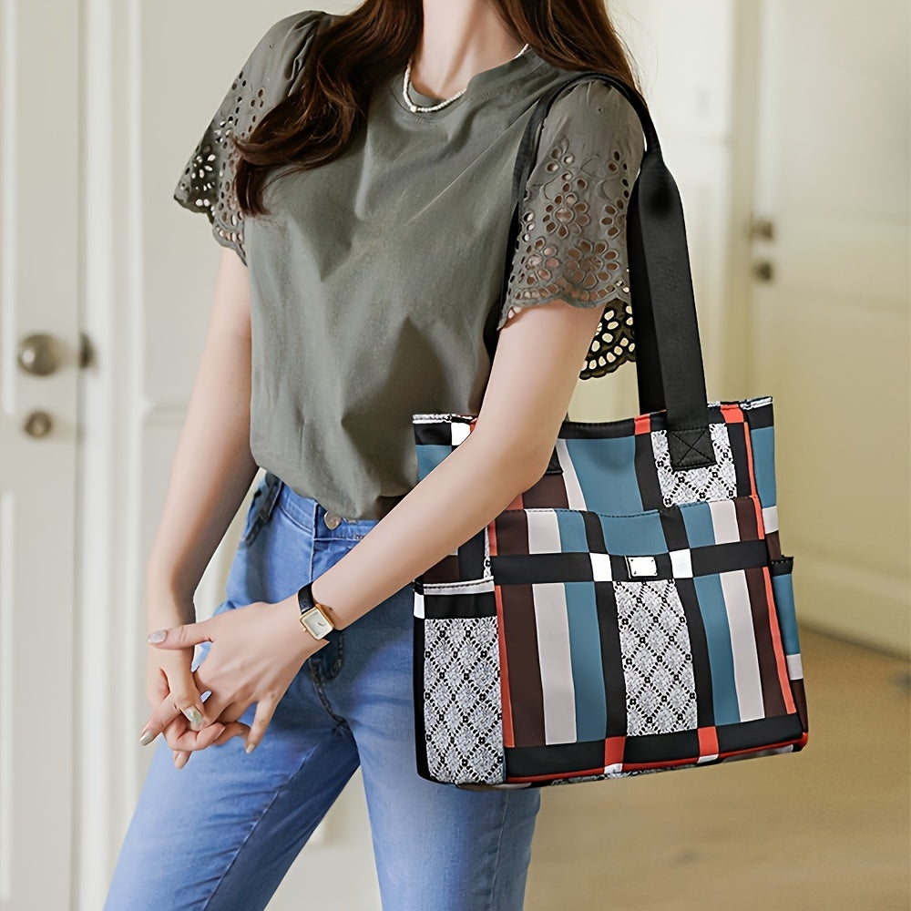 Geometric Tote Bag with Zipper Closure, Mixed Color Plaid Pattern, Lightweight Oxford Fabric, Polyester Lined, Dry Clean Only - Casual Shoulder Bag for Daily Use