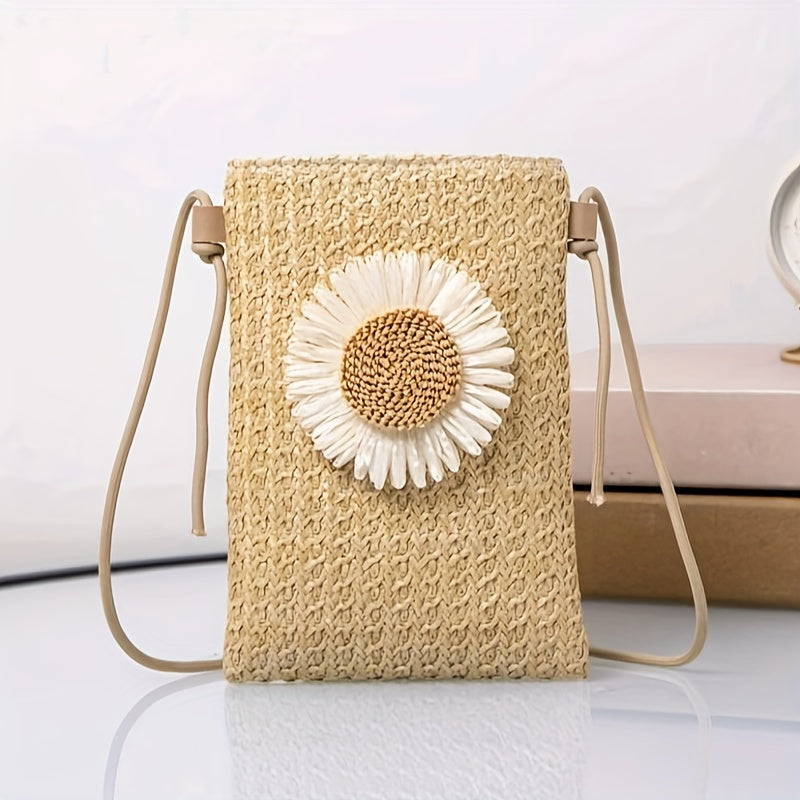 Women's Mini Boho Weave Crossbody Bag, Small Daisy Sunflower Clutch, Simple Straw Shoulder Purse