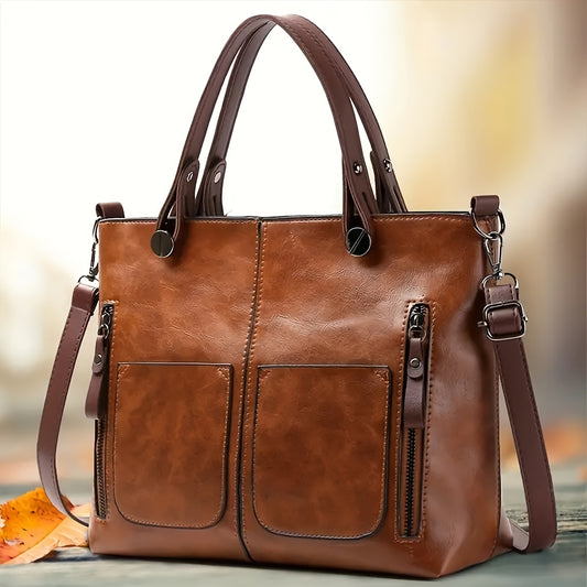 Chic Large Capacity Tote Bag for Women - Vintage-Inspired Faux Leather Shoulder Handbag with Zip Closure