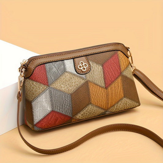 Bohemian-Style Argyle Plaid PU Leather Crossbody Messenger Bag with Polyester Lining and Zipper Closure