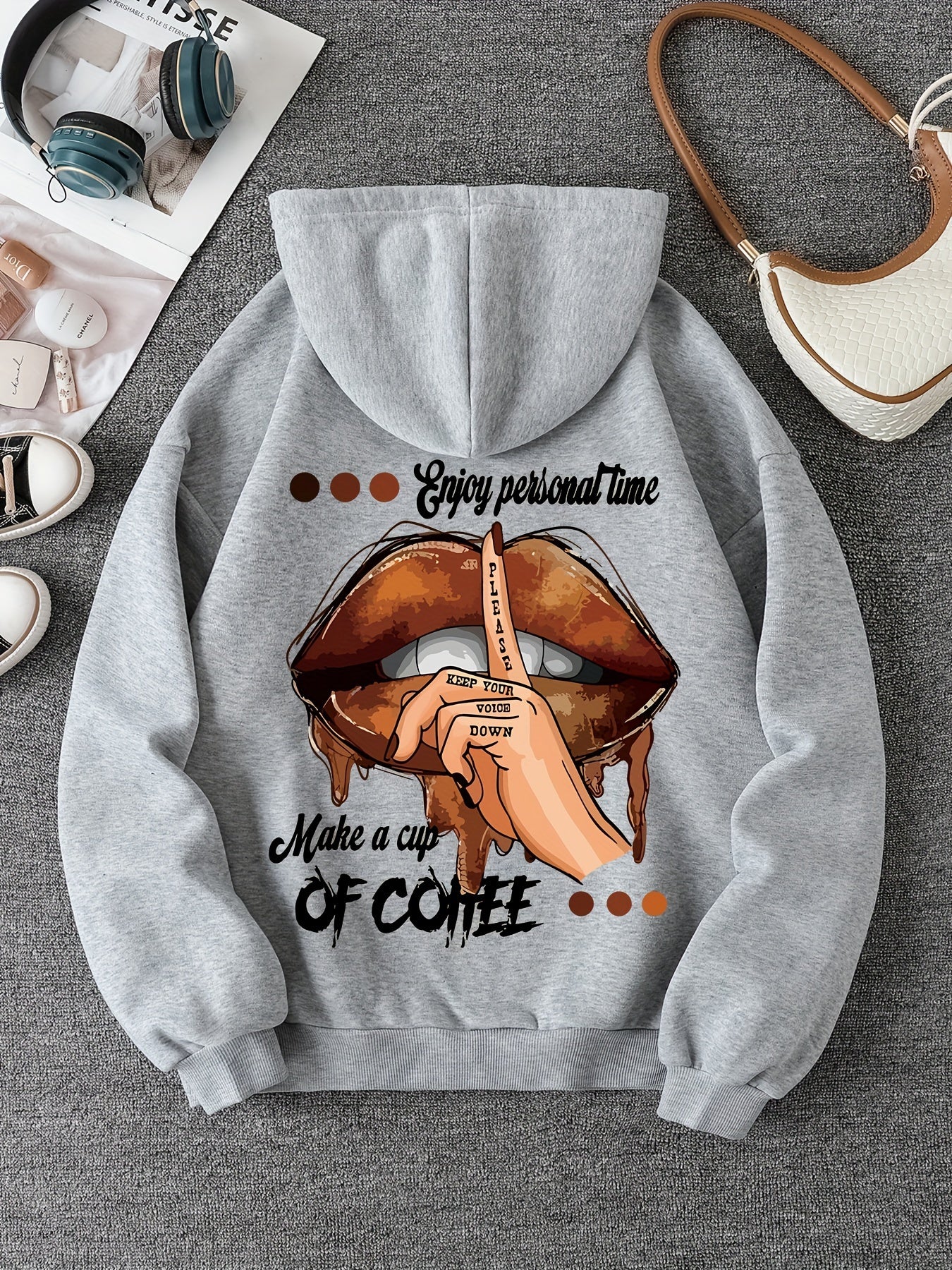 Lips & Letter Print Hoodie, Casual Kangaroo Pocket Long Sleeve Drawstring Hoodies Sweatshirt, Women's Clothing