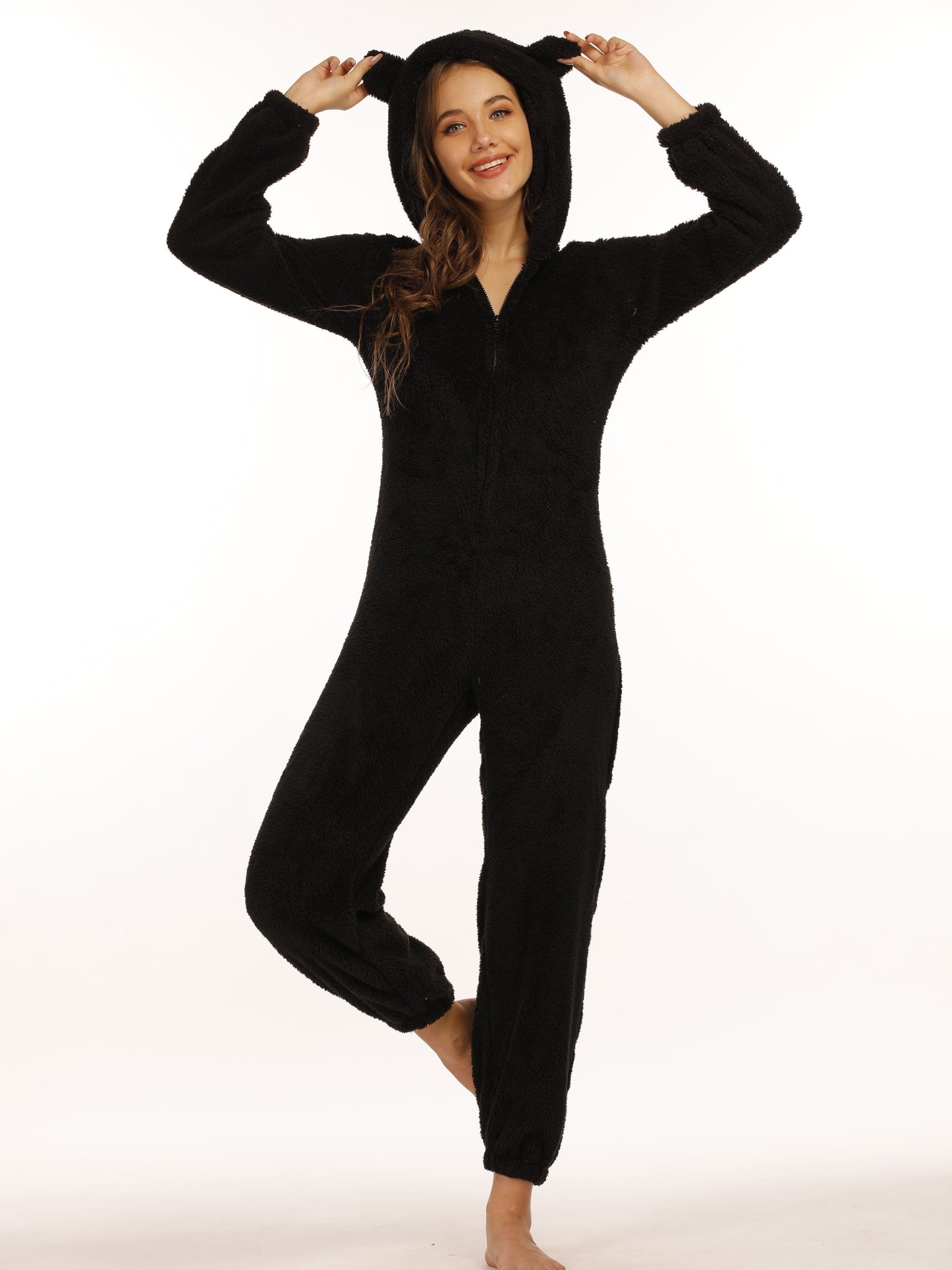 Zip Up Hooded Teddy Jumpsuit, Casual Long Sleeve Warm Jumpsuit, Women's Clothing