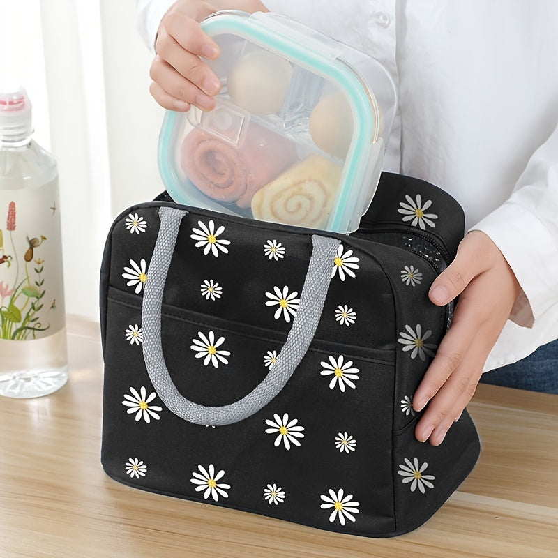 Chic Daisy Insulated Lunch Bag - Portable Thermal Bento Box Carrier for Work, School & Picnic - Durable Oxford Fabric with Zip Closure - Gray/Black