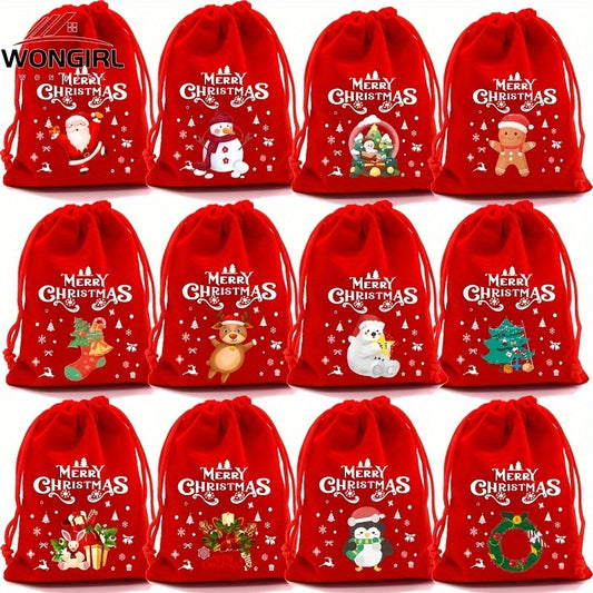 12-Pack Christmas Fabric Drawstring Gift Bags - Festive Cartoon Patterned Goodie Pouches for Holiday Celebrations, Party Favors, Weddings, Birthdays, Anniversaries - Versatile Holiday Gift Bags for Xmas, Halloween, Thanksgiving