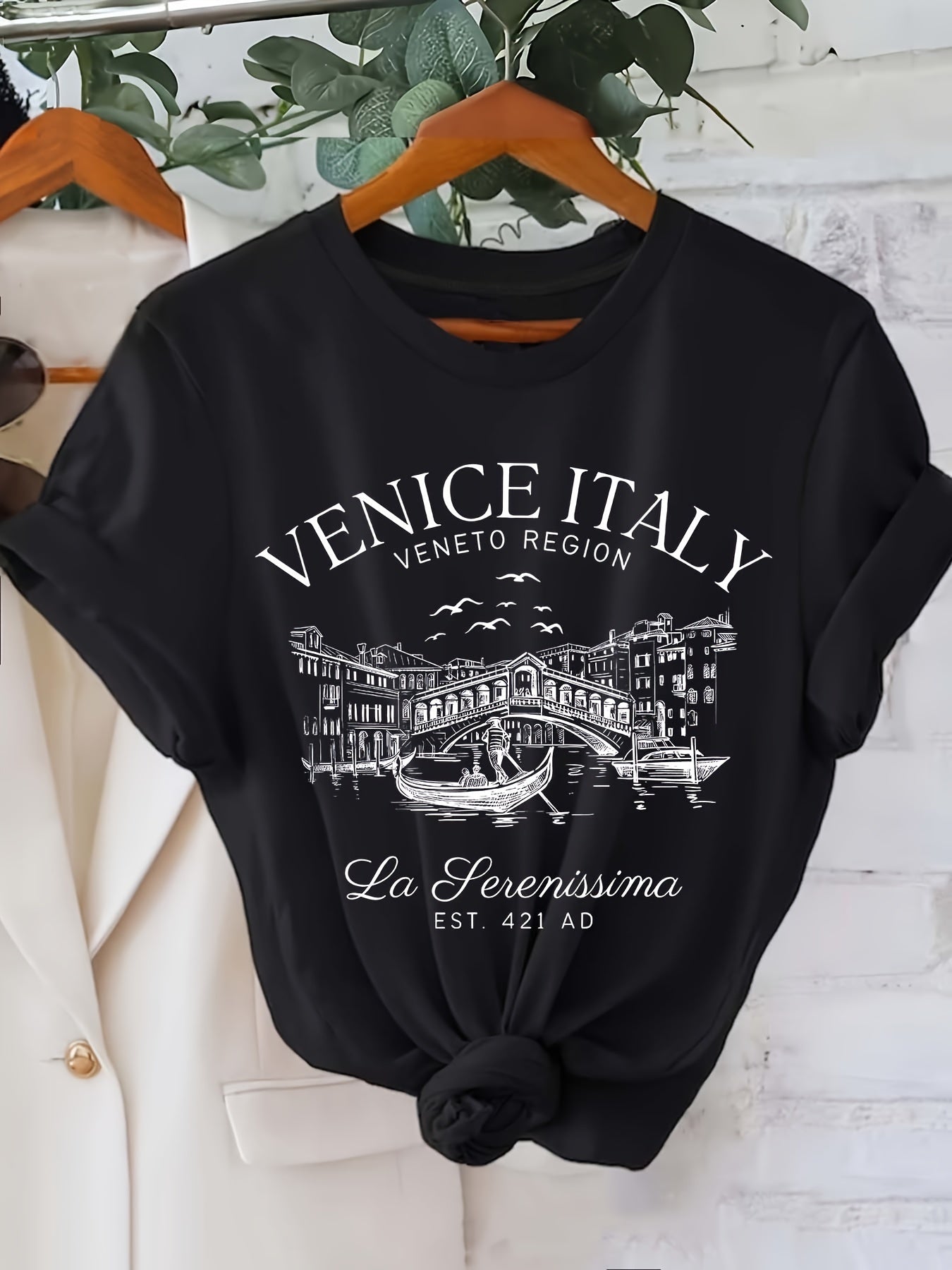 Venice Italy Letter Print T-shirt, Short Sleeve Crew Neck Casual Top For Summer & Spring, Women's Clothing