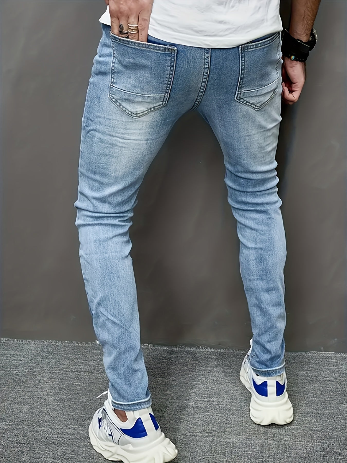 Men'S Ripped Denim Jeans - Casual Slim Fit with Medium Stretch, Woven Cotton Blend, All-Season Regular Length with Washed Details