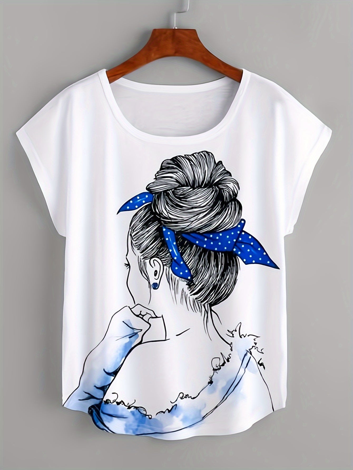 Portrait Print T-shirt, Casual Short Sleeve Crew Neck Top For Spring & Summer, Women's Clothing