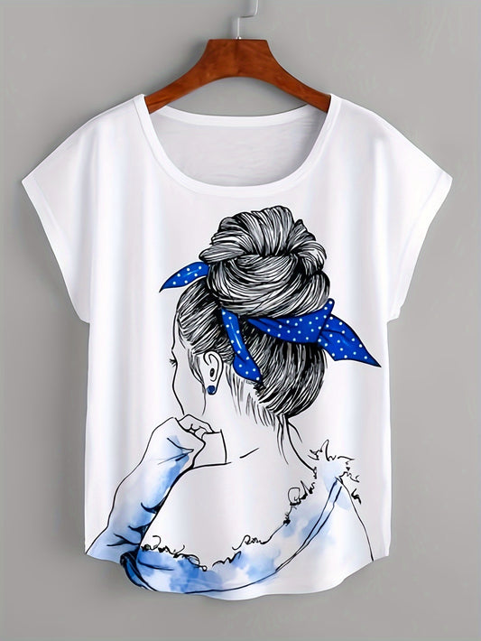 Portrait Print T-shirt, Casual Short Sleeve Crew Neck Top For Spring & Summer, Women's Clothing