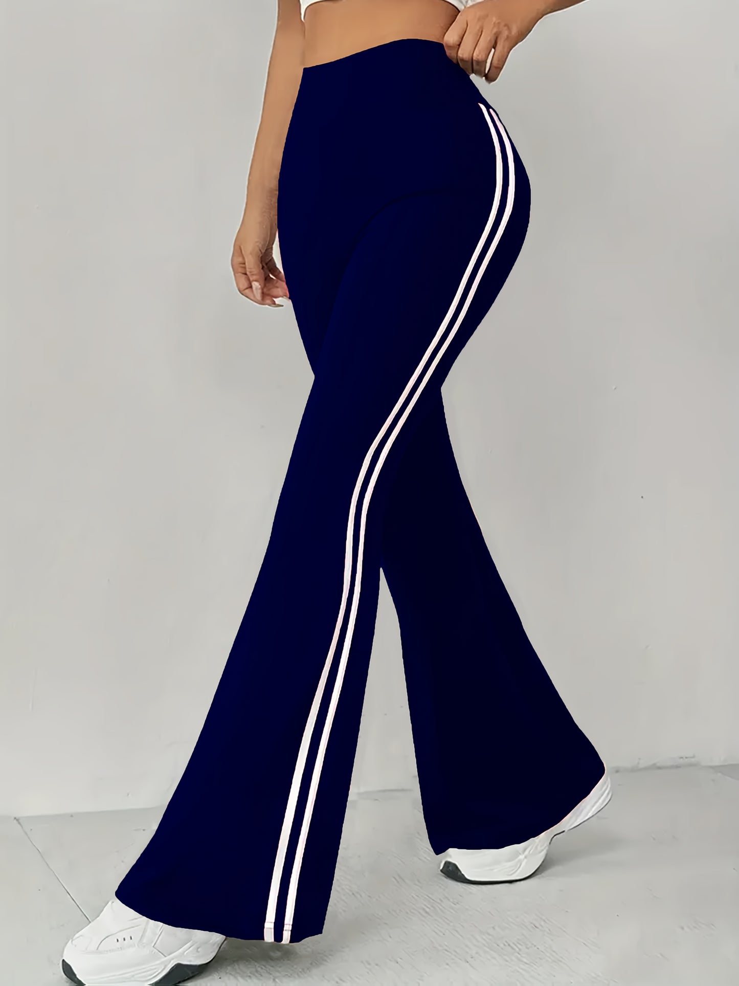 High-waisted Tummy Control Color-block Striped Flared Pants Basic Casual Flared Pants For Women