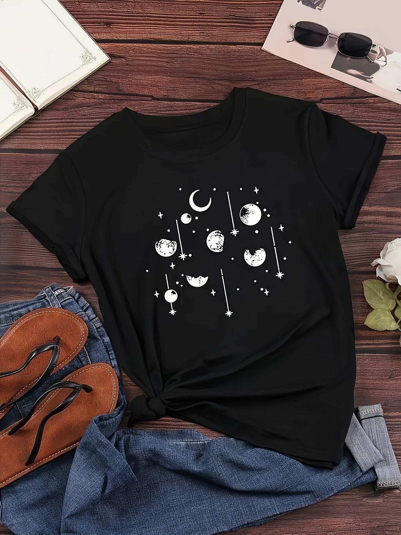 Moon Print Crew Neck T-Shirt, Casual Short Sleeve Top For Spring & Summer, Women's Clothing
