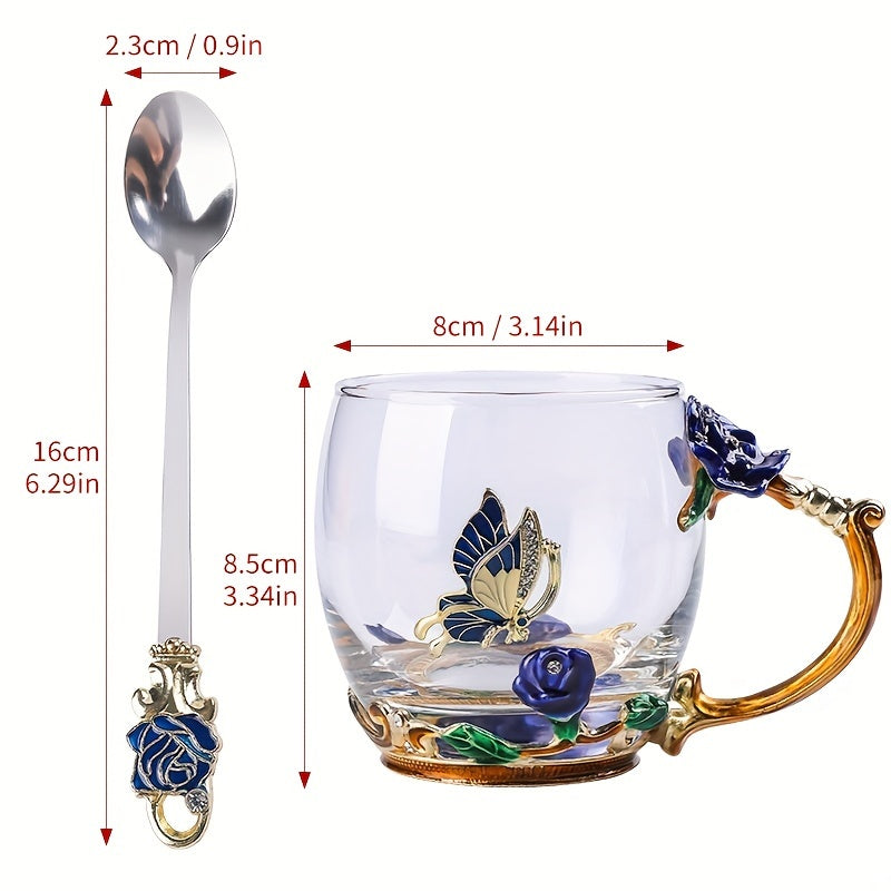 Enchanted Garden 330ML Glass Teacup Set - Hand-Painted Floral and Butterfly Design with Matching Spoon - Elegant Borosilicate Glass Drinkware for Coffee, Tea, Cold Beverages - Ideal for Special Occasions and Holiday Gifts - Hand Wash Only