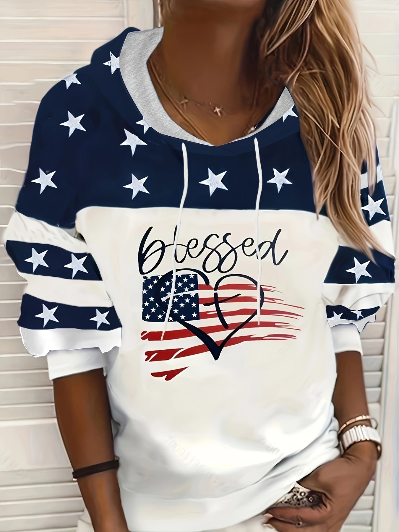 Flag & Heart Print Drawstring Hoodie, Casual Long Sleeve Pullover Hooded Sweatshirt For Fall & Spring, Women's Clothing