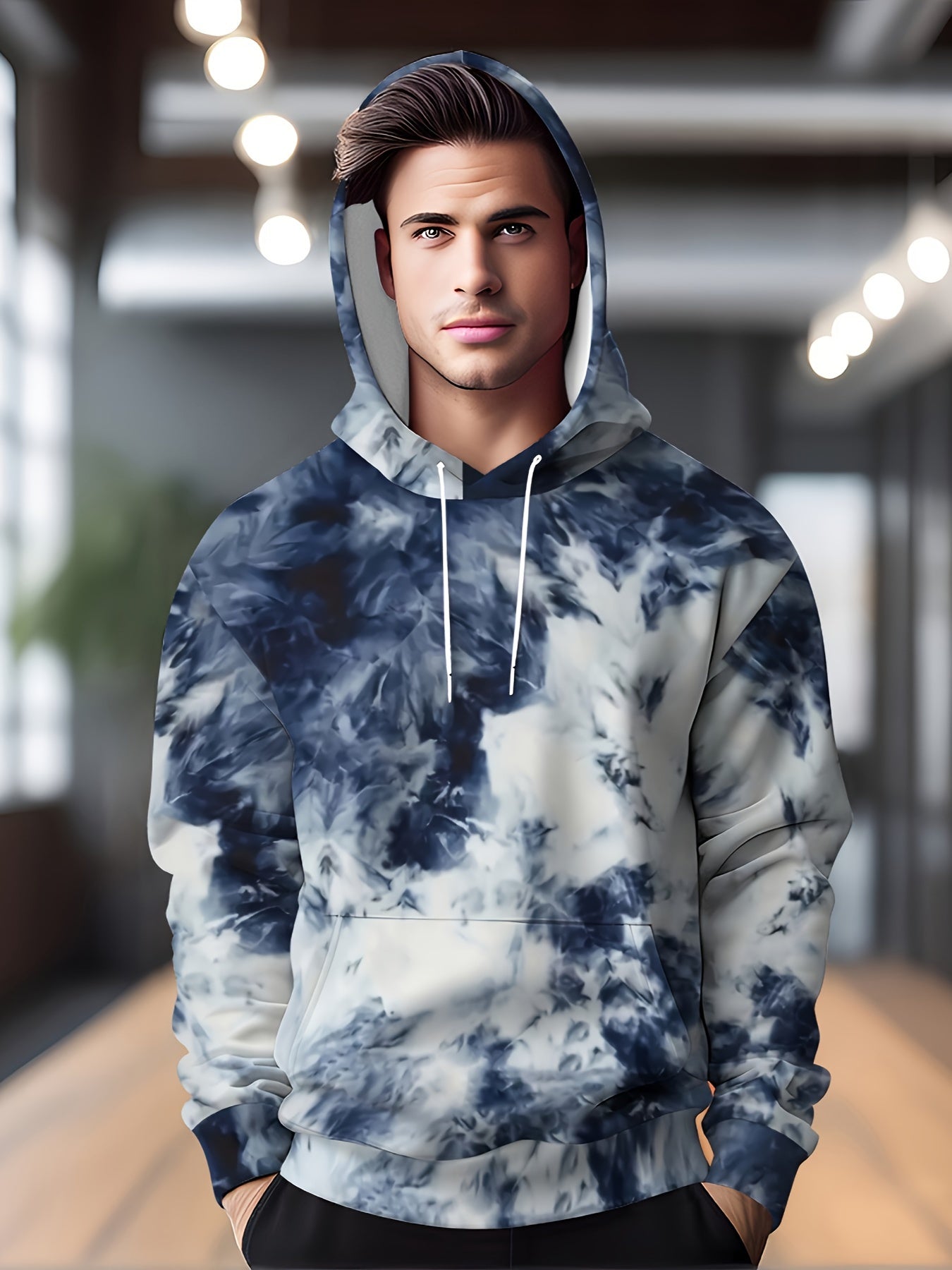 Men's Casual Hoodie with Geometric Print - Cozy Fleece-Lined Pullover, Long Sleeve, Drawstring Hood & Kangaroo Pocket - Perfect for Fall & Winter