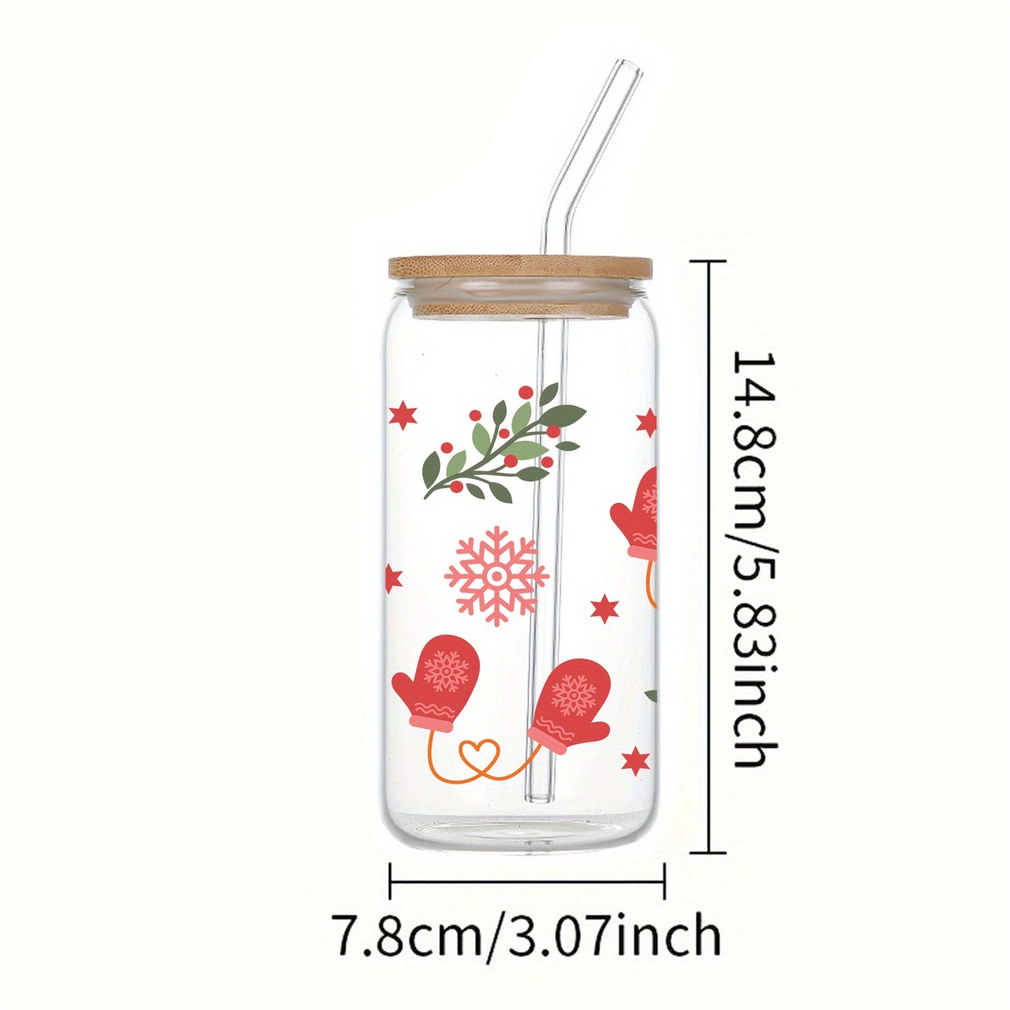 Christmas-Themed 16oz Glass Tumbler with Lid & Straw - Festive Snowflake, Glove & Tree Design - Perfect for Holiday Drinks, Coffee, Beer - Ideal Party Favor or Gift