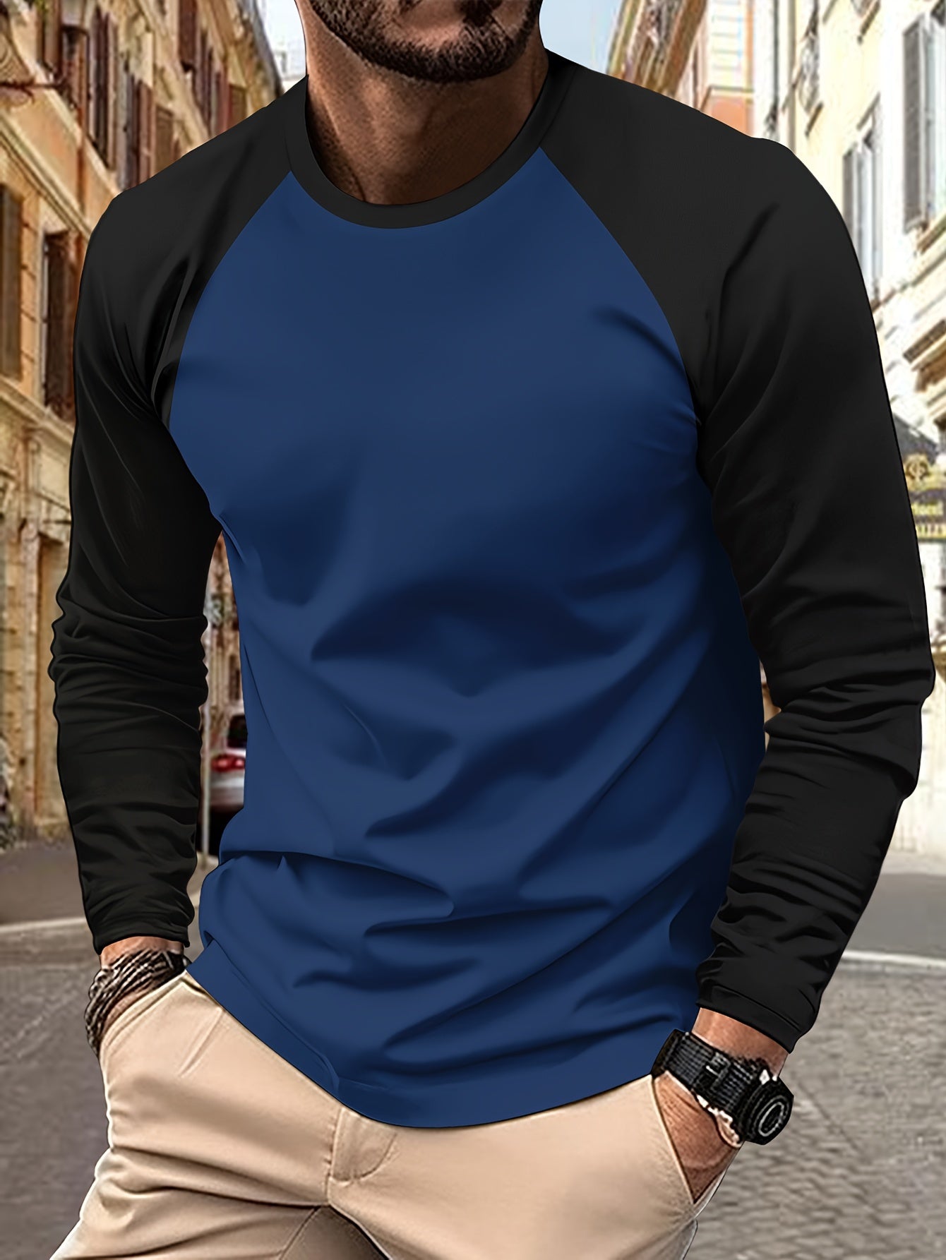 Men's Long Sleeve Crew Neck Sportswear Shirt, Fashionable Color Block Round Neck Men's Shirt, Spring Fall