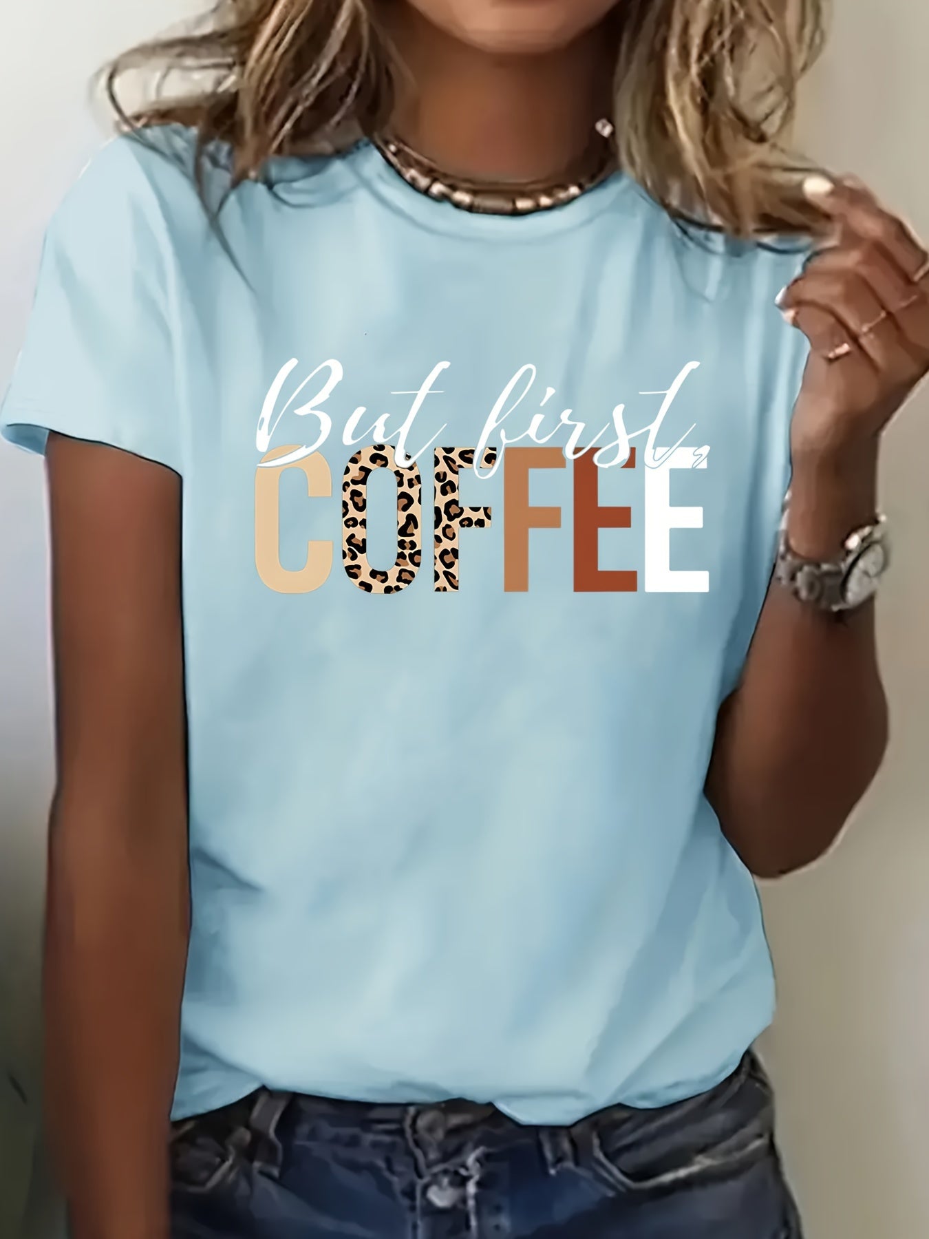 Coffee Print Crew Neck T-Shirt, Casual Short Sleeve Top For Spring & Summer, Women's Clothing