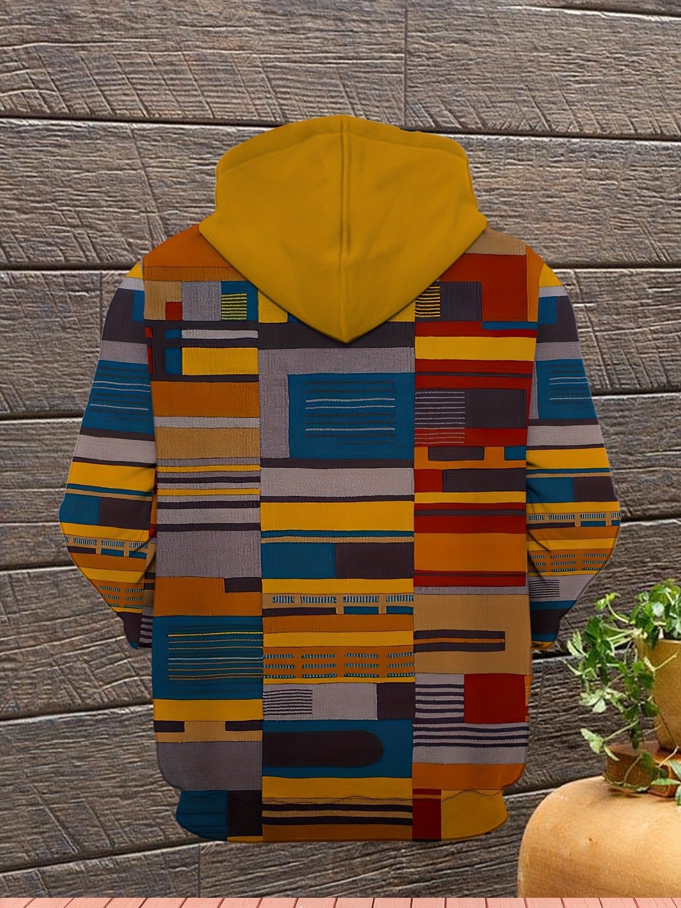 Color Block Geometric Print Men's Loose Hoodie With Drawstring And Kangaroo Pocket, Hooded Sweatshirt For Spring/Autumn