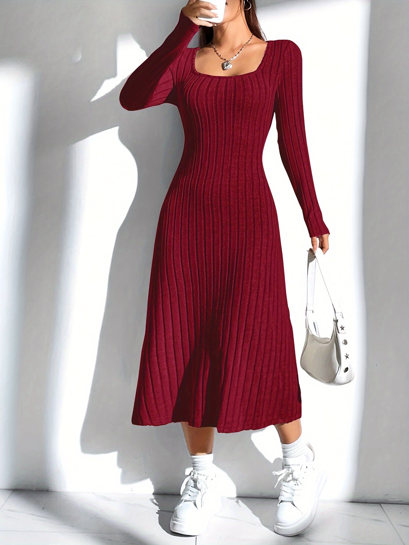 Ribbed Long Sleeve A-line Dress, Elegant Solid Color Square Neck Knitted Dress, Women's Clothing