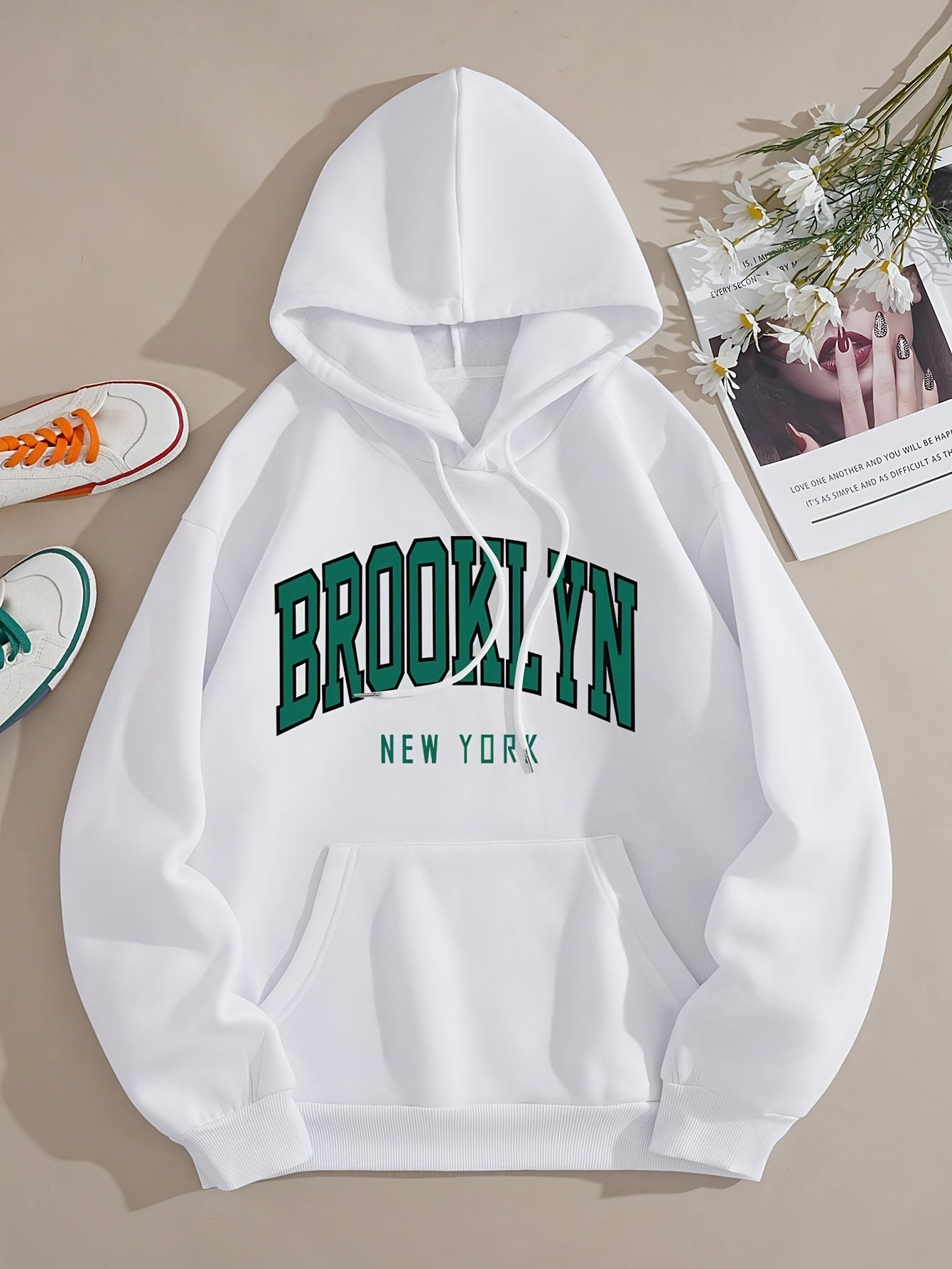 Brooklyn Print Pullover Hoodie, Casual Style, Kangaroo Pocket, Loose Fit, Fleece Lined Sweatshirt For Fall Winter