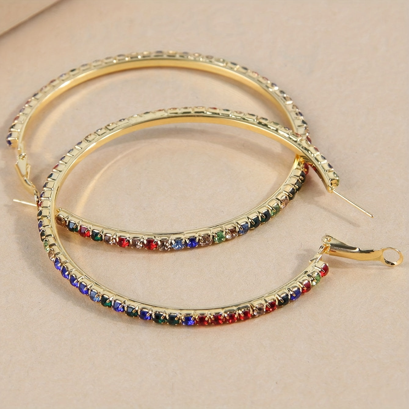 Exaggerated Hollow Round Shaped Hoop Earrings Full Of Colorful Rhinestones Bohemian Hip Hop Style Female Vocation Ear Decor