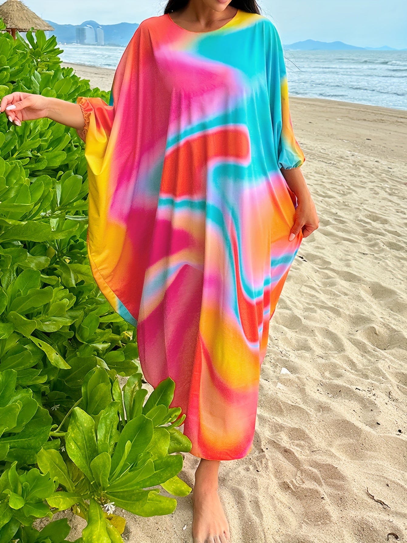 Women's Elegant Cover Up, Plus Size Colorful Ombre Print Round Neck Maxi Batwing Sleeve Maxi Beach Kaftan Dress