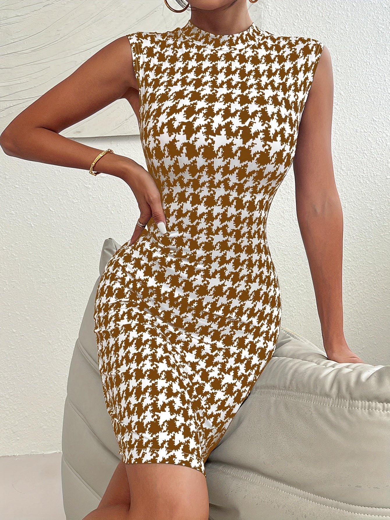 Houndstooth Print Mock Neck Bodycon Dress, Elegant Sleeveless Dress For Spring & Summer, Women's Clothing