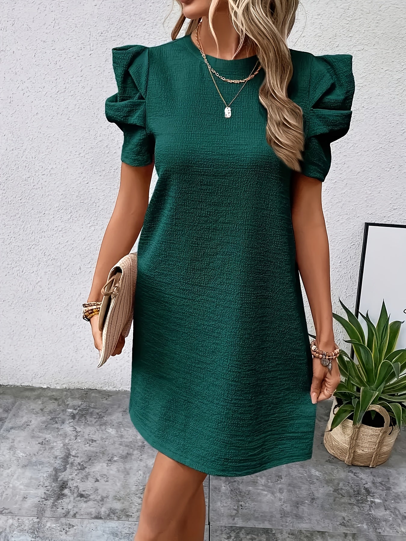 Abito Elegante da Donna a Maniche Puff Tinta Unita - Abito Rosso Vivace con Bottoni e Vita in A-Line, Lavabile in Lavatrice per Outfit Casual & Formali di Primavera Estate Autunno, Scelta Versatile, Stile Femminile, Vestibilità Comoda, Adatto per l'Uffic