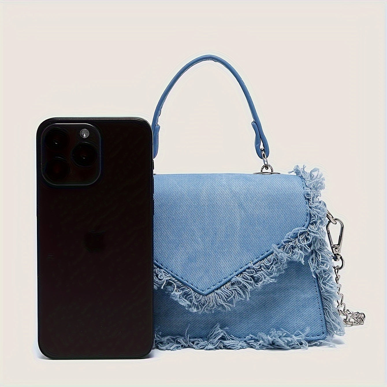 Chic Sky Blue Denim Mini Crossbody Bag with Fringe Detail - Magnetic Closure, Polyester Lined, Women's Fashion Shoulder Purse