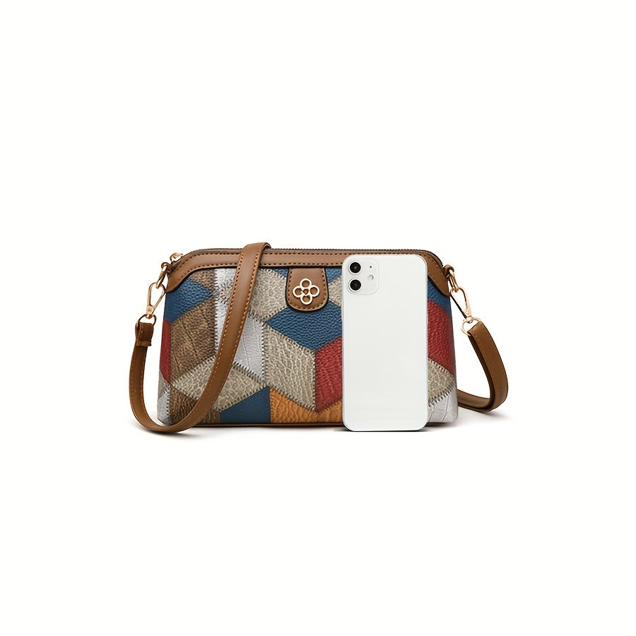 Compact, Chic Geometric Patchwork Crossbody Bag for Women - Casual Fashion Shoulder Purse with Detachable Strap, Zip Closure, Polyester Lined - Light Grey/Blue