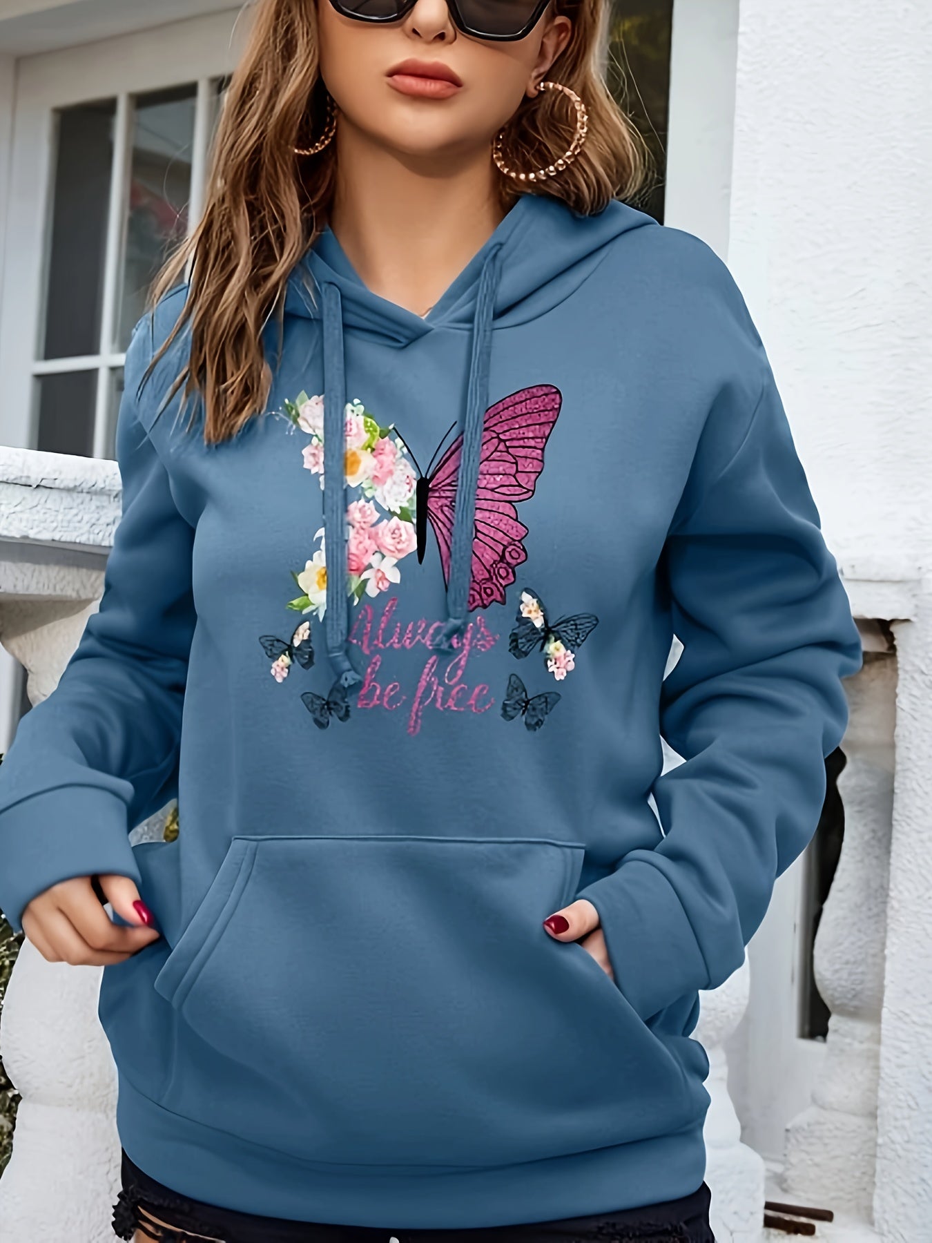 Butterfly & Floral Print Drawstring Hoodie, Casual Long Sleeve Kangaroo Pocket Sweatshirt, Women's Clothing