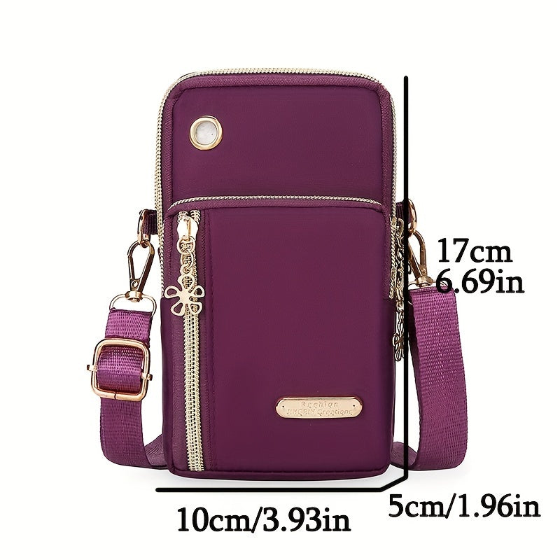 Women's Solid Color Nylon Crossbody Phone Bag with Zipper Closure and Polyester Lining, Casual Mini Shoulder Pouch with External Pockets