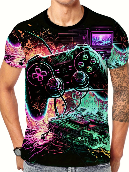 Men's Gamepad Print T-shirt, Casual Short Sleeve Crew Neck Tee, Men's Clothing For Summer Outdoor