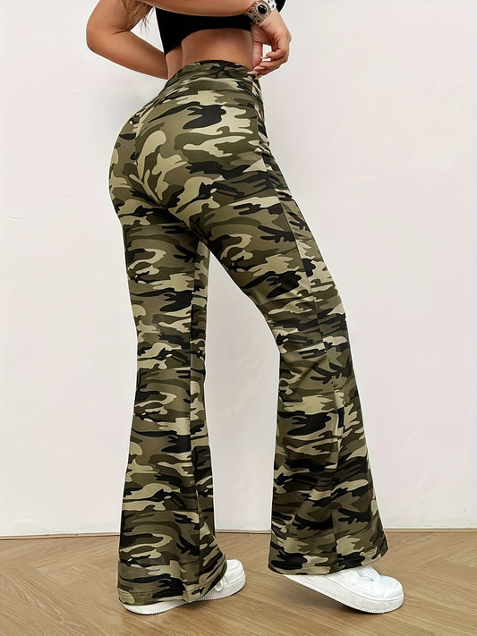 Camouflage Flare Leg Pants, Casual Slim Flare Leg Pants For All-season, Women's Clothing