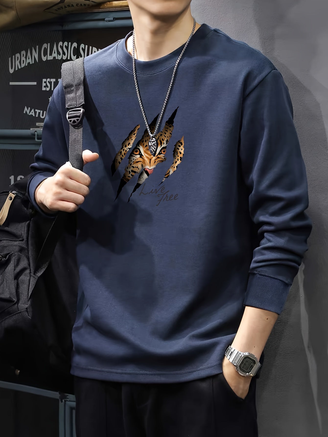 Men's Casual Cotton Sweatshirt - 100% Cotton Knit Fabric - Regular Fit Crew Neck Pullover with Long Sleeves and Eagle Print - Slight Stretch Comfortable Active Sweater for Spring and Autumn