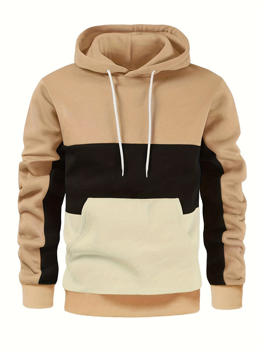 Men's Casual Color Block Hoodie - Thick, Warm Pullover with Kangaroo Pocket for Fall/Winter, Machine Washable